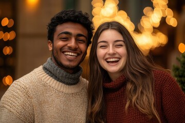 A happy young couple smiles brightly against a bokeh background of warm lights.