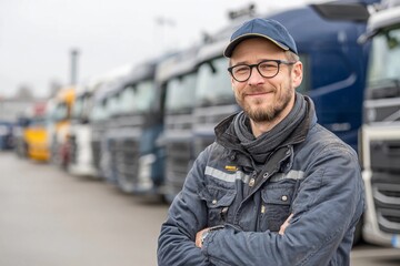 Truck driver stands confidently in front of fleet at transport yard during overcast day