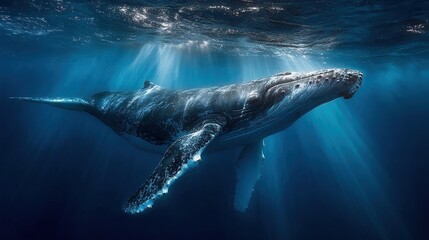 Fototapeta premium Majestic humpback whales glide gracefully through the sunlit ocean waters in a surreal underwater scene where golden sunlight penetrates the deep blue waters.