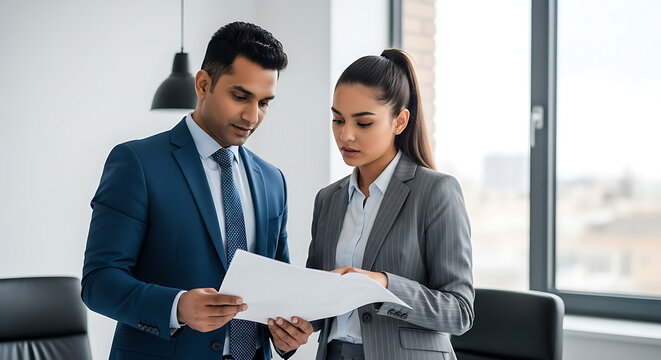 Two diverse business professionals, a man and a woman, collaborating and reviewing a document together in a modern office.
