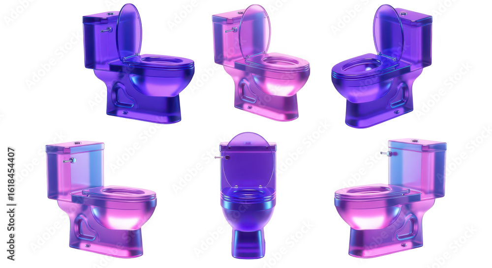 Poster six transparent illuminated lavatories showcasing different angles against a white backdrop for desi