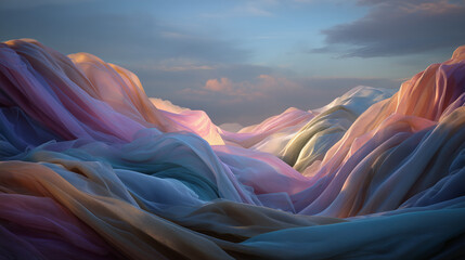 Fantasy landscape made of colorful flowing fabric, soft textures, tranquil lighting