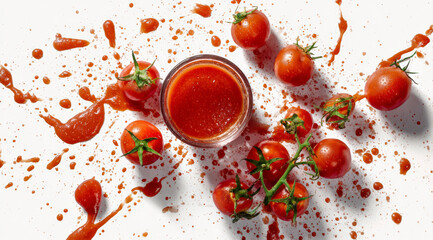 Creative top-down shot of ripe tomatoes and splattered tomato sauce with glass of puree on white background, ideal for cooking, recipe or organic food themes