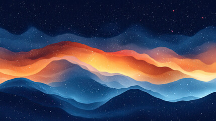 Abstract landscape design with vibrant colors depicting cosmic waves and starry night sky scenery.
