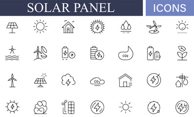 Icons for renewable energy, solar panels, and energy efficiency