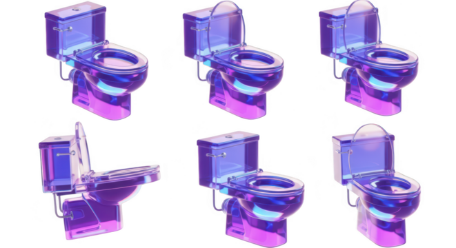 3D-rendered transparent toilets in different poses against a white background Suitable for bathroom design concepts product displays or futuristic themes