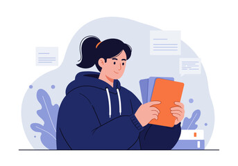 A young woman in a blue hoodie thoughtfully reads documents, studying.
