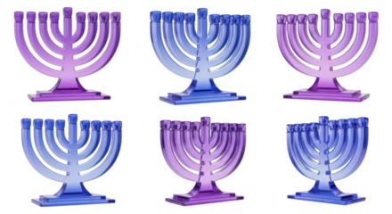 Translucent menorahs arranged on a white background symbolizing Hanukkah celebrations and Jewish traditions