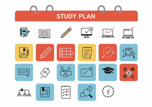 A graphic illustration of a study plan concept, featuring a collection of icons for education, learning, scheduling, and academic achievement.
