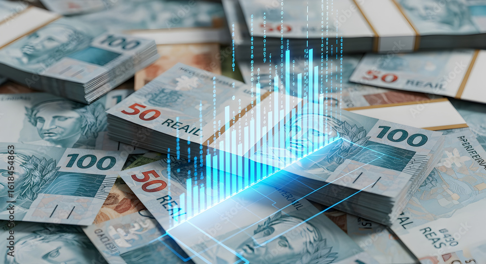 Poster close up of bundles of brazilian real banknotes with digital overlay in shallow depth of field