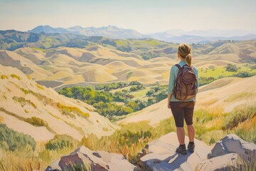 A lone hiker pauses atop a sun-drenched mountain, gazing at a breathtaking vista of rolling hills and valleys.