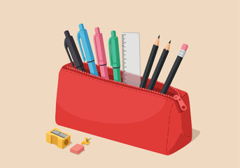An open red pencil case filled with pens, pencils, a ruler, and other essential stationery supplies.