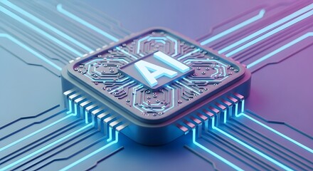 A futuristic artificial intelligence processor chip glowing on a circuit board with neon light trails.