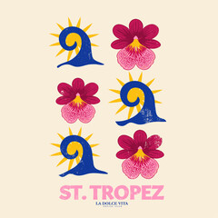 St. Tropez beach t shirt design. sun and waves and orchid feeling like summer. Amalfi beach design. Beach wave abstract print design for apparel, stickers, posters, background and others.