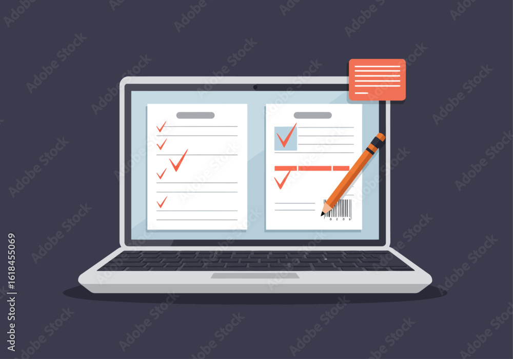 Fototapete laptop displaying two documents with checklists and marked items, a pencil, and a sticky note, illus