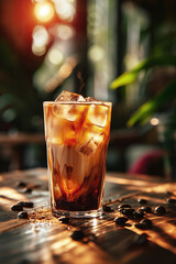 Refreshing iced coffee beverage served in a clear glass with ice cubes, surrounded by coffee beans, on a rustic wooden table, illuminated by warm sunlight creating a cozy atmosphere