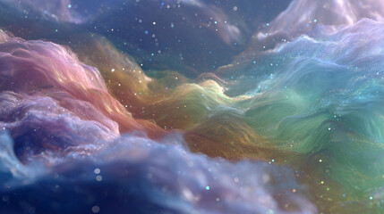 Dreamlike rainbow textures, floating in space, surreal glow, digital serenity