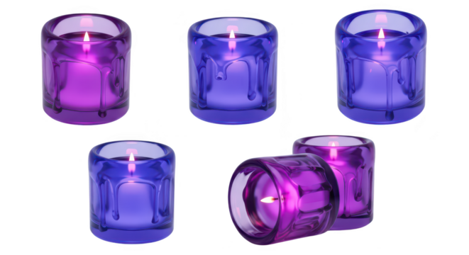 Lit purple and blue votive candles arranged on white casting warm glow suitable for spa decor relaxation