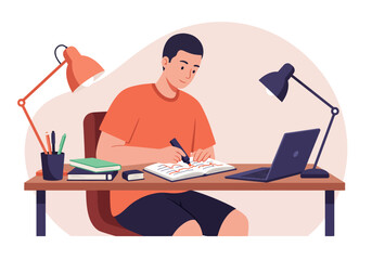 Fototapeta premium A young man sits at a desk, writing in a notebook while studying with a laptop and books.