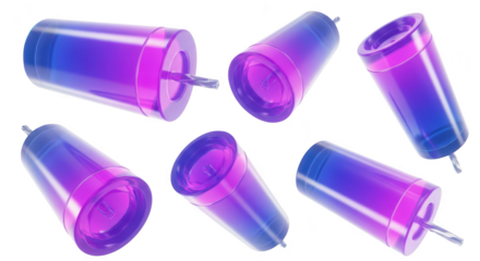 Abstract rendering of translucent colorful cylindrical objects with cords arranged on a white background for design elements
