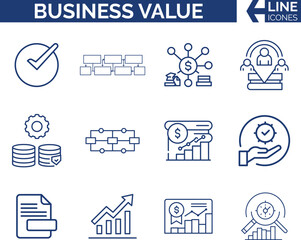 Fototapeta premium Modern Business Value and Growth Icon Set. Profit, ROI & Growth, Strategy, Brand & Customer Benefit, Success, Metrics & Impact, Competitive Edge, Performance & Excellence Icon Bundle.