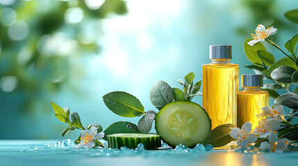 Natural skincare composition featuring cucumber essential oil with botanical elements and soft lighting