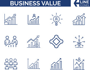 Modern Business Value and Growth Icon Set. Profit, ROI & Growth,  Strategy, Brand & Customer Benefit, Success, Metrics & Impact, Competitive Edge, Performance & Excellence Icon Bundle.
