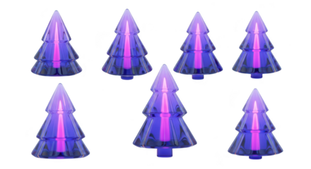 3D rendered glass Christmas trees are arranged on a white background ideal for holiday design or festive digital art
