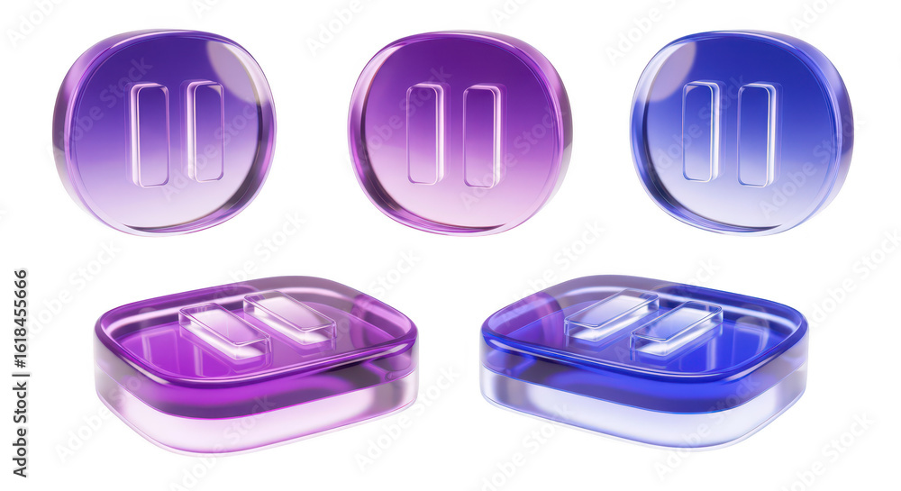 Poster glass pause icons in various angles floating against a white background suggesting concepts of inter