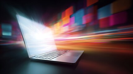 Laptop computer emitting bright light and colorful motion blur abstract background, technology concept