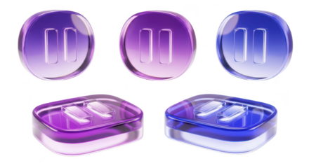 Glass pause icons in various angles floating against a white background suggesting concepts of interruption waiting or media control