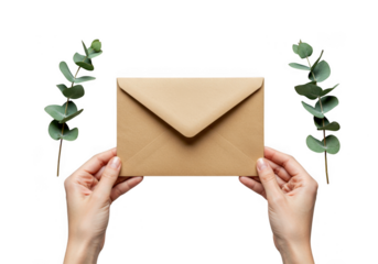 Hands holding a brown kraft paper envelope with eucalyptus leaves framing the sides isolated on transparent background