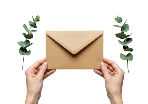 Hands holding a brown kraft paper envelope with eucalyptus leaves framing the sides isolated on transparent background