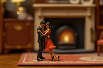 A romantic couple figurine dances elegantly in front of a fireplace, symbolizing love and intimacy.