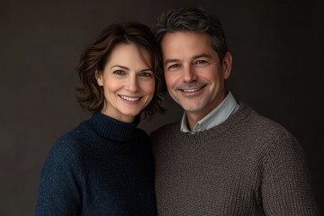 A happy middle-aged couple smiles warmly for a portrait against a dark background.