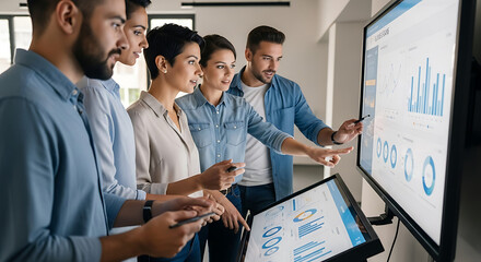 A diverse team of business professionals collaboratively analyzing data charts on a large interactive screen in a modern office.