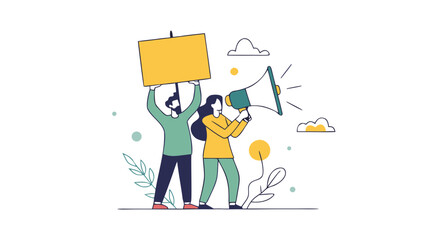 Protesters rally with signs and megaphone advocating for social change and public awareness