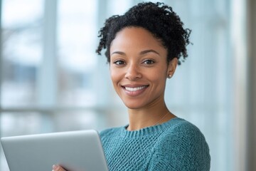 A smiling Black woman holds a tablet, conveying success and technology.