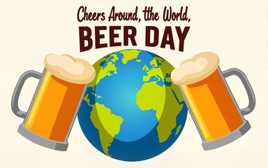 Cheers around the world international beer day celebration with globe and beer mugs emblem. High quality