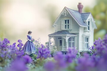A miniature woman in a lavender dress stands before a charming Victorian-style dollhouse nestled in a purple flower garden.