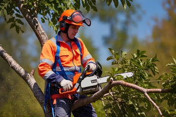 Tree Lumberjack at height Pruning in Safety Gear - man with chainsaw
