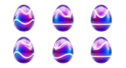 Six stylized glowing Easter eggs on a white background suitable for festive digital designs and celebrations