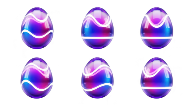 Six stylized glowing Easter eggs on a white background suitable for festive digital designs and celebrations
