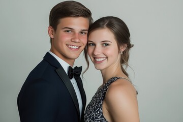 A handsome young man in a tuxedo poses with his prom date, both smiling radiantly.