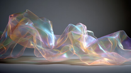 Translucent silk morphing in air, soft rainbow light, ambient futuristic space