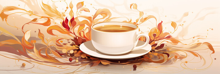White coffee cup filled with steaming beverage sits on a saucer, surrounded by swirling abstract patterns in warm tones, creating a visually appealing and inviting atmosphere for coffee lovers