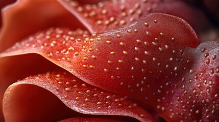Close-up of vibrant red plant texture with droplets