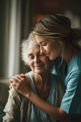 Emotional Connection in Healthcare Photography: Portrait of Caregiver and Elderly Patient with Natural Lighting and Depth of Field