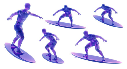 Obraz premium Transparent figures surfing action shots on a blank white background showcasing sport concepts for illustrations or design