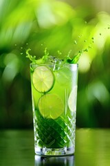 A vibrant green mojito cocktail with fresh lime and mint leaves splashing out of a crystal glass on a summer day.